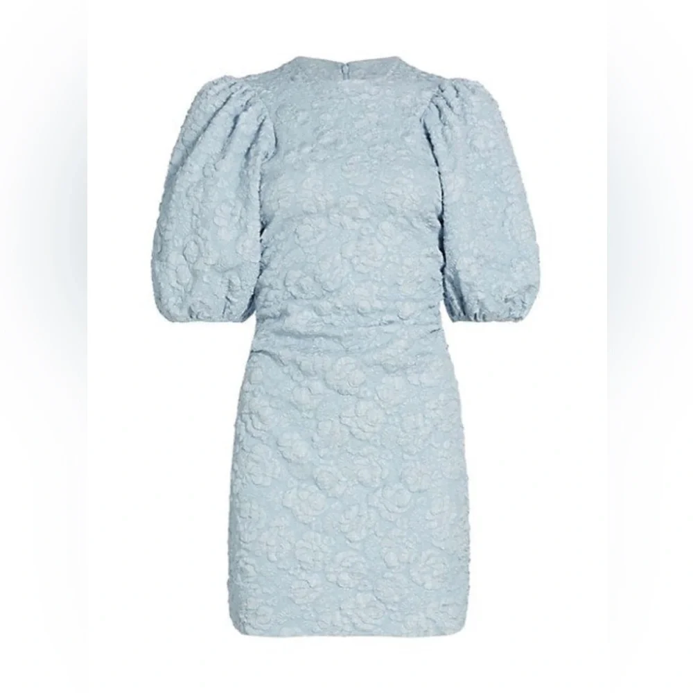 GANNI Sky Blue Jacquard Puff Sleeve Ruched Mini Dress NWT EU 34 US 2 XS - Picture 5 of 16